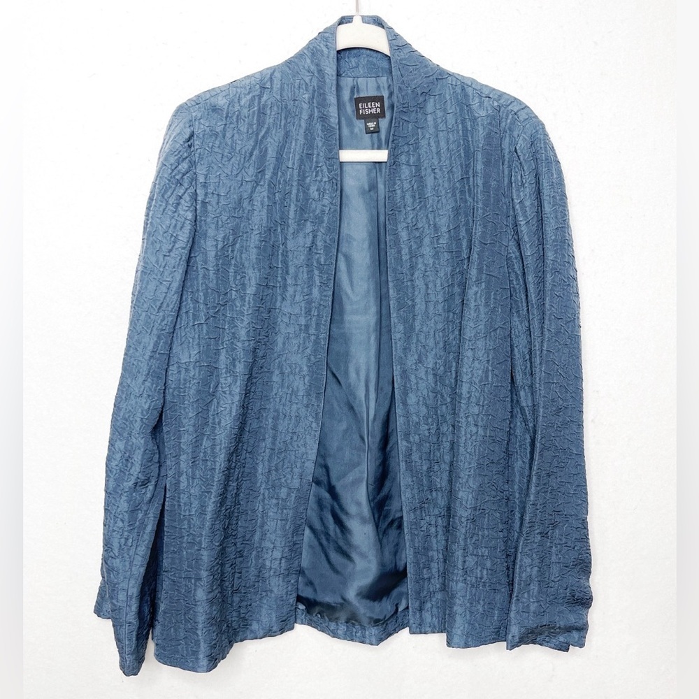 Eileen Fisher Slate Blue Silk Lined Crinkle Textured Jacket Size Medium
